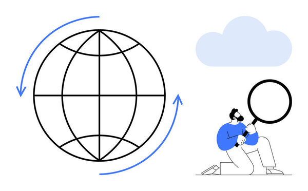 Globe with rotation arrows, person examining with magnifying glass, and cloud. Ideal for innovation, data analysis, global research, cloud computing, connectivity, investigation and exploration