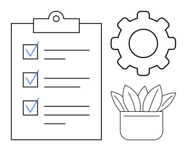 Kontrol işaretleri, teçhizat ve saksı bitkisi içeren kontrol listesi görev yönetimi ve büyümeyi ön plana çıkarıyor. Üretkenlik, organizasyon, planlama, iş akışı, hedef belirleme işi için idealdir. Basit düz