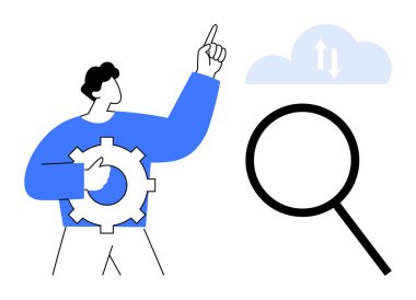 Vitesli adam büyüteç yanında yukarıdan aşağıya ok olan bulut simgesini işaret ediyor. Yenilik, bulut hesaplama, araştırma, analiz, problem çözme, dijital araçlar ve basit takım çalışması için ideal