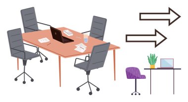 Ofis konferans masası sandalyeler, kağıtlar ve dizüstü bilgisayarlarla çevrili. Hareketi işaret eden oklar. Bilgisayarı ve bitkisi olan bitişik masa. İş akışı, takım çalışması, iş planlaması, organizasyon için ideal