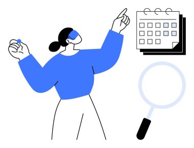 Kadın takvimi işaret ediyor, cam büyütürken objeyi tutuyor planlama ve yönetimi ön plana çıkarıyor. Organizasyon, zaman yönetimi, verimlilik, zamanlama, takım çalışması, odaklanma, araştırma için ideal