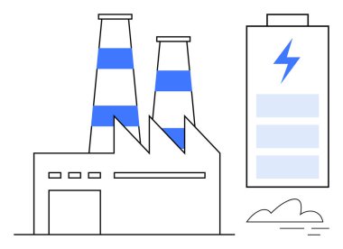 İki bacası olan, kirlilik yayan bir fabrika, enerji depolayan uzun pil ikonu. Sürdürülebilirlik, yeşil enerji, temiz teknoloji, enerji depolama, endüstriyel yenilik için ideal
