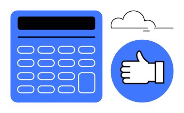Sayısal tuşları olan hesap makinesi, mavi daireli baş parmak ikonu ve bir bulut. Üretkenlik, finans, onay, karar verme, iş araçları, motivasyon için ideal basit iniş sayfası