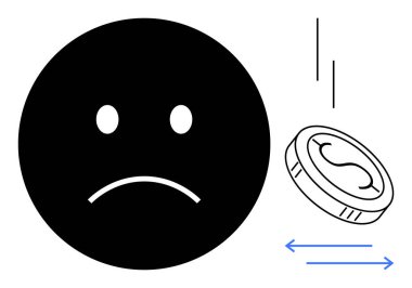 Düşen bir madeni paranın yanında üzgün bir yüz ve yön gösteren oklar kararları, şansı ya da finansal stresi simgeliyor. Para, risk, karar verme, ekonomi, duygu kaybı için ideal