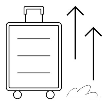 Tekerlekli bavul, iki yukarı doğru ok ve bir bulut elementi. Seyahat, ilerleme, hareketlilik, keşif, büyüme, tatil planlaması ve başarı temsilciliği için ideal. Basit bir düz metafor.