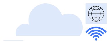 Büyük bulut küre ve kablosuz sinyal ikonları bulut depolama, küresel erişim ve bağlantı gösteren. Teknoloji, internet, veri depolama, iletişim, ağ oluşturma ve dijital için ideal