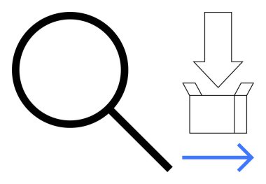 Büyüteç, kutuya giden ok ile bilgiye odaklanıyor, arama, analiz, teslimat ve ambalajı sembolize ediyor. Lojistik, araştırma, analiz, verimlilik dağıtımı için ideal