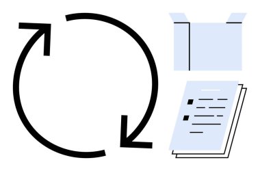 Geri dönüşüm döngüsünü, karton kutuyu ve istiflenmiş kağıdı gösteren dairesel oklar. Sürdürülebilirlik, atık yönetimi, eko-bilinç, çevre eğitimi, kaynak verimliliği, CSR