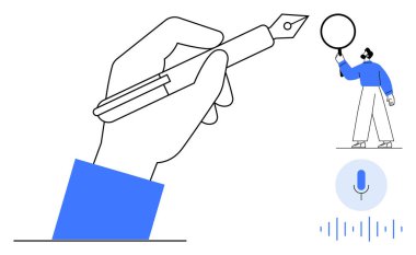 Elinizde kalem, baloncuk üzerinde çalışan kişi, ses tanıma simgesi ve ses dalgaları. Yaratıcılık, analiz, konuşma tanıma, teknoloji, eğitim iletişimi için ideal basit iniş sayfası