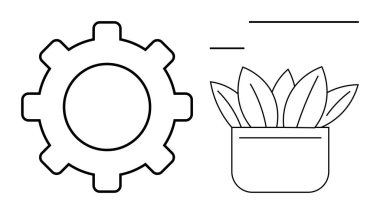 Minimalist çizgi sanatında bir saksı bitkisinin yanında vites, sanayi ve doğa arasındaki uyumu işaret ediyor. Yenilik, denge, büyüme, sürdürülebilirlik, ilerleme ve takım çalışması için ideal. Basit.