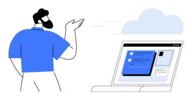 Dijital içeriği, işbirliğini, uzaktan çalışmayı, bulut hesaplamasını, çevrimiçi öğrenmeyi, teknolojik yeniliği, takım çalışmasını, kullanıcı etkileşimini vurgulayan bir dizüstü bilgisayarla uğraşan kişi. Basit düz metafor