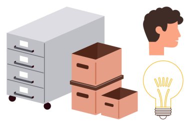 Dosya dolabı ve kutular depolamayı temsil ediyor, kafa profili düşünmeyi sembolize ediyor ve ampul de yeniliği simgeliyor. Üretkenlik, organizasyon, yaratıcılık, beyin fırtınası, çözümler, ofis için ideal