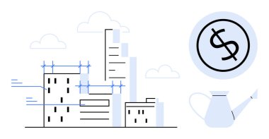 İnşaat halindeki yapılar, iskele, dolar işareti ve sulama ile finansman sembolize edilebilir. Büyüme, yatırım, kentsel planlama, ekonomi, emlak, sürdürülebilirlik, basit düz metafor