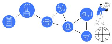 Tedarik zinciri fabrika, depo, uçak, kamyon, alışveriş arabası, küre ve pano bağlantılı. Lojistik, ticari ulaşım üretim envanteri ve küresel ekonomi için ideal