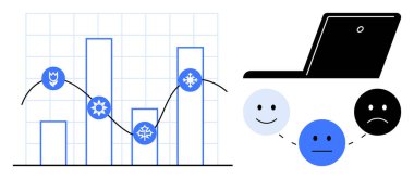 Mevsimlik simgelerle çizelge, veri noktalarını birbirine bağlayan çizgi ve duygu simgelerinin yanına dizüstü bilgisayar. Analizler, duygular, mevsimler, iş, performans trendleri dijital içgörüler için idealdir. Basit düz