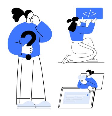 Soru işaretini düşünen bir kadın, ekranda kodu düzelten bir geliştirici, dijital tabletle uğraşan başka bir kadın. Kodlama, takım çalışması, beyin fırtınası, çözümler, yaratıcılık, web geliştirme için ideal basit