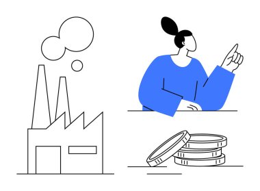 Duman yayan sanayi fabrikası, yukarı doğru hareket eden insan ve bozuk para yığını. Ekonomi, işletme finansmanı, endüstri, üretim, yatırımlar, karar verme ve yenilik için idealdir. Basit düz