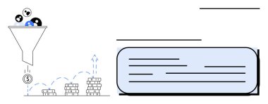 Bozuk paranın içine huni filtreleme girdileri, büyüme yörüngesini gösteren bozuk paralar ve analiz için bir metin kutusu. Pazarlama, satış stratejisi, kurşun oluşturma, veri analizi, mali planlama için ideal