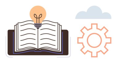 Üzerinde parlayan ampul olan açık bir kitap, sağda vites, ve arka planda bulut. Eğitim, yaratıcılık, problem çözme, yenilik, beyin fırtınası, bilgi paylaşımı için ideal
