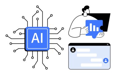 Devrelere bağlı yapay zeka çipi, veri tablosunu analiz eden kişi, sohbet arayüzü. Teknoloji için ideal, yapay zeka geliştirme, yenilik, veri işleme, iş stratejisi, akıllı araçlar basit iniş sayfası