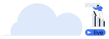 Bulut ve canlı yayın düğmesinin yanında grafik çubuklarındaki analizleri arayan kişi. Veri, büyüme, teknoloji, bulut hesaplama, canlı yayın, iş, online araçlar için idealdir. Basit düz metafor