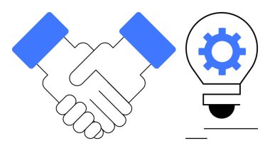 Ortaklığı ve takım çalışmasını sembolize eden el sıkışma, yenilik ve stratejiyi temsil eden teçhizatlı bir ampulün yanında. İş için ideal, işbirliği, takım çalışması, yenilik, fikirler, yaratıcılık