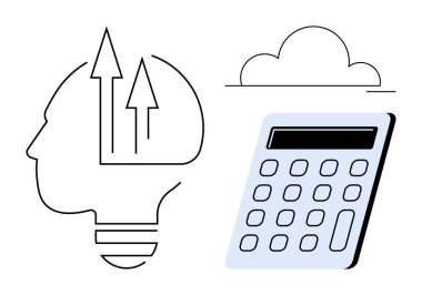 Yukarı doğru ok, bulut ve hesap makinesiyle insan kafası silueti yenilik, büyüme ve veri analizi yapıyor. AI, teknoloji, eğitim, iş büyümesi için ideal finans bulut hesaplaması