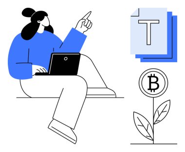 Yukarıya bakan dizüstü bilgisayarlı bir kadın, büyümeyi sembolize eden Bitcoin bitkisi, dijital varlıklar ve yaratıcılık için yığınla belge. Finans, yenilik, kripto para birimi, eğitim ve takım çalışması için ideal