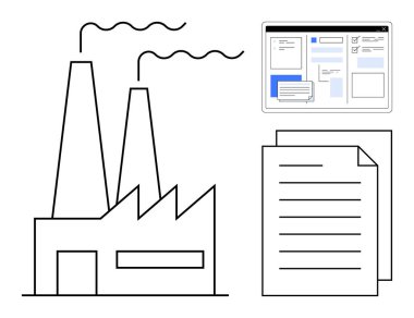 Bacalı fabrika duman çıkarıyor, pencerelerle dijital arayüz kuruyor ve dokümanları istifliyor. Sanayi, üretim, işlemler, teknoloji, belgeler, iş akışları ve süreç için ideal