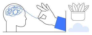 İnsan profili, birbirine dolanmış beyin teli bir el tarafından çözülüyor, bitki örtüsü ve bulutun yanında. Zihinsel berraklık, farkındalık, problem çözme, terapi, sağlık, yaratıcılık ve sağlık için ideal