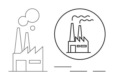 Duman püskürten bacaları olan, dairesel bir hatla biçimlendirilmiş fabrika. Sanayi, kirlilik, üretim, otomasyon, enerji üretimi, sanayileşme, sürdürülebilirlik konuları için idealdir.