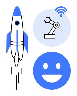 Roket yukarı doğru fırlatılıyor, kablosuz bağlantısı olan robotik kol ve gülümseyen bir yüz. Teknoloji, yenilik, başlangıç kültürü, otomasyon, bağlantı, dijital dönüşüm için ideal basit