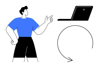 Mavi gömlekli adam dizüstü bilgisayarı dairesel okla işaret ederek süreci, döngüyü ya da otomasyonu temsil ediyor. İş akışı, süreç, otomasyon, talimat, eğitim dijital öğrenme için ideal. Basit.