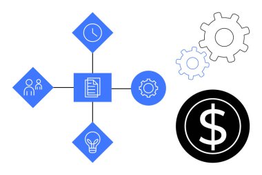 Dişlilere ve dolar simgesine bağlı insanlar için mavi düğümler, saat, fikirler ve belgeler. İş için ideal, üretkenlik, yenilik, takım çalışması yönetim stratejisi basit düz