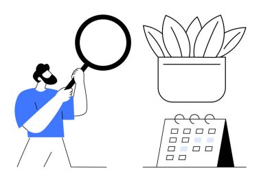 Yakınlarda saksı bitkisi ve masa takvimi olan büyüteçle detaylara odaklanan biri. Üretkenlik, organizasyon, analiz, odaklanma, planlama, araştırma merakı için idealdir. Basit düz