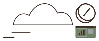 Bulut çizgisi, disk yukarı nesne, ve grafikli web analiz paneli. Bulut depolama, analitik, veri yönetimi, teknoloji, dijital yenilik, minimalizm için ideal düz metafor