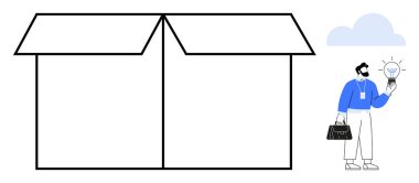 Bir elinde ampul, diğer elinde evrak çantası taşıyan bir adamın olduğu karton kutuyu aç. Konsept geliştirme, yenilik, problem çözme, beyin fırtınası, strateji için ideal