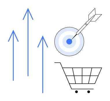 Yukarı bakan oklar, ok tarafından hedef alınan hedef ve gelişmeyi, başarıyı, pazarlama stratejilerini, perakende büyümesini ve hedef başarısını simgeleyen alışveriş arabası. İş için ideal, strateji satışları e-ticaret