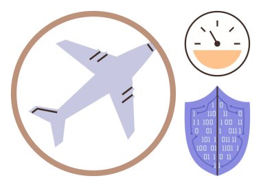 Dairesel çerçeveli bir uçak, ikili kodlu bir kalkan ve hız göstergesi. Havacılık, güvenlik, siber güvenlik, yenilik, teknoloji risk yönetimi ve hız kavramları için idealdir. Basit bir daire.