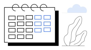 Bir bitki ve bulutun soyut şekillerinin yanında, altı çizili tarihli Spiral takvim. Planlama, planlama, organizasyon, iş akışı görselleştirme, verimlilik ipuçları, zaman yönetimi için ideal
