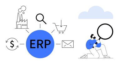 ERP sistem temsilcisini büyüteçle inceleyen adam. Fabrika, e-posta, araba, para, arama. Girişim, organizasyon, planlama yazılım lojistik stratejisi için ideal basit düz metafor