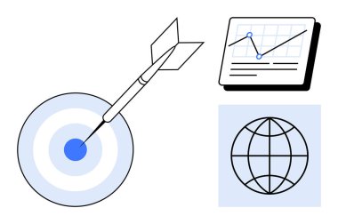 Dart hedefi vurmak, küresel ulaşımı sembolize eden küre, yükselen eğilimli veri tablosu. İş stratejisi, pazarlama, analitik, küresel ulaşım, ilerleme, hassas düz metafor için ideal