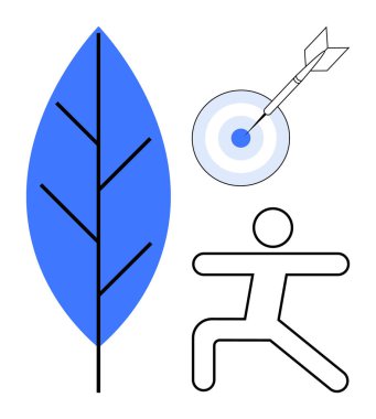 Mavi yaprak, oklu hedef, ve yoga pozisyonunda sopa figürü. Sağlık, farkındalık, hedef belirleme, kişisel gelişim, sürdürülebilirlik doğa dengesi için idealdir. Basit düz metafor