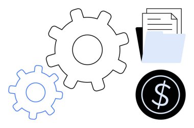 Birbirine bağlı vitesler, belgeli dosya klasörü ve dolar işareti çemberi üretkenliği, planlamayı ve finansmanı vurguluyor. İş için ideal, işlemler, verimlilik, yönetim organizasyonu