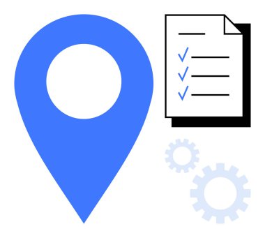 Mavi lokasyon, kontrol işaretli listeler ve iş akışını, görev takibini, planlamayı, verimliliği, lojistik organizasyonunu sembolize eden vitesler. Üretim işlemleri için ideal. Basit düz