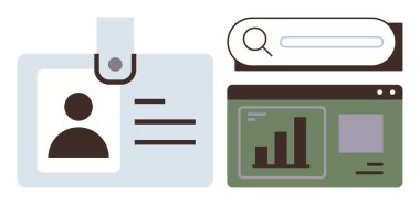 Arama çubuğu ve analizi gösteren web arayüzünün yanında fotoğrafı ve detayları olan kimlik kartı. Kimlik, güvenlik, analiz, veri, kimlik doğrulama, teknoloji ve yönetim için ideal. Basit düz