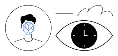 Ağ hatları ile Geometrik insan yüzü analizi, saat ile soyut göz, bulut. Yapay zeka, biyometrik, dijital kimlik, zaman yönetimi, izleme, güvenli kimlik doğrulama fütüristik tasarımı için ideal