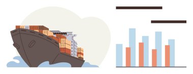 Denizdeki konteynırlarla dolu kargo gemisi istatistiksel veri analizini gösteren bir bar tablosuyla eşleştirildi. Ticaret, lojistik, piyasa araştırması, küreselleşme, gemicilik, ekonomi ve analitik için ideal. A