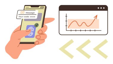 Akıllı telefondaki parmak izi tarayıcısını kullanarak parola bildirimi ile yukarı doğru giden trend grafiğinin yanında. Güvenlik, teknoloji, analitik, kimlik doğrulama, finans ve başarı verileri için idealdir. Basit düz