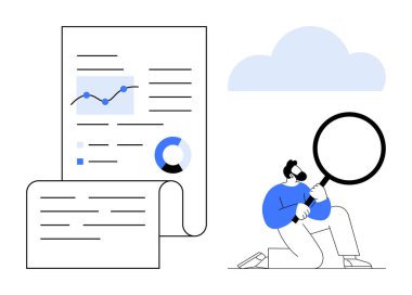 Grafikleri, pasta grafiği ve elinde büyüteç olan bir adam. Araştırma, strateji, veri analizi, raporlama, analitik keşif dijital araçları için idealdir. Basit düz metafor